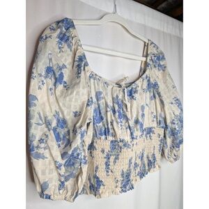 American Eagle Blue Floral Smocked Blouse